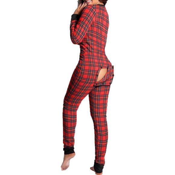 CBR Christmas Holiday Plaid Butt Button Flap Jumpsuit Romper Pajamas Women's S - Picture 2 of 16